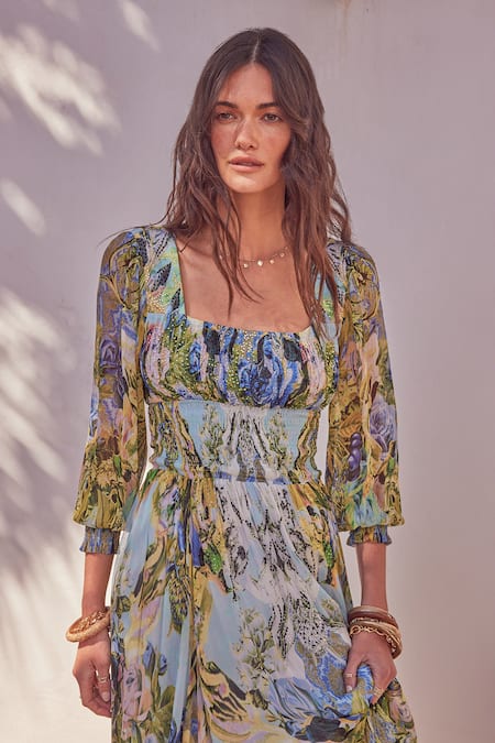 Zariaah_Blue Chiffon Square Neck Bloom Garden Print Maxi Dress _Online_at_Aza_Fashions