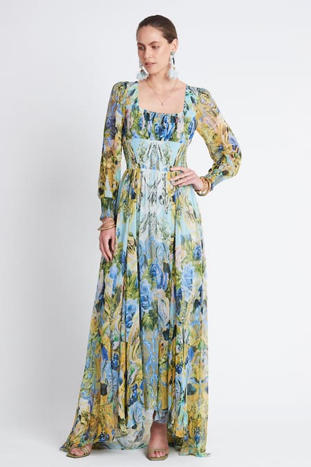 Buy_Zariaah_Blue Chiffon Square Neck Bloom Garden Print Maxi Dress _Online_at_Aza_Fashions