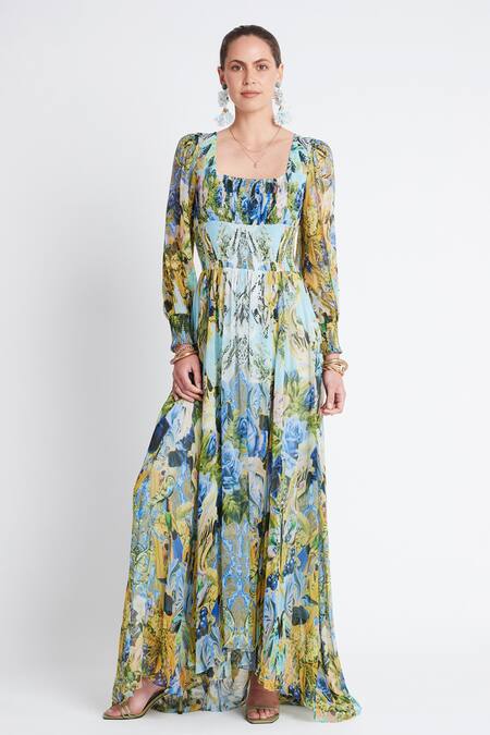 Shop_Zariaah_Blue Chiffon Square Neck Bloom Garden Print Maxi Dress _Online_at_Aza_Fashions
