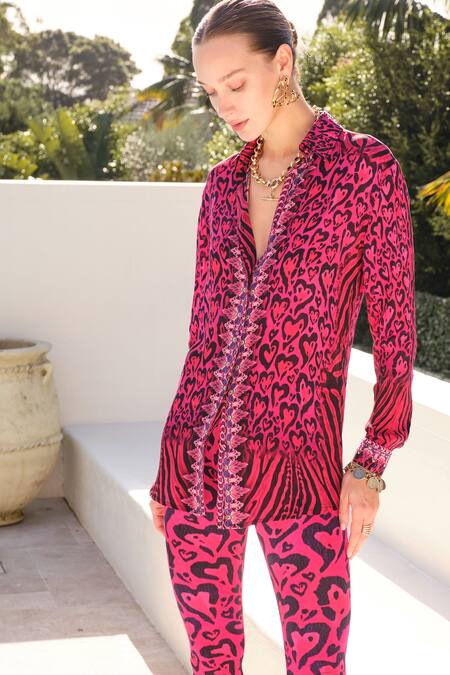 Zariaah_Pink Viscose, Silk Embroidery Collared Little Hearts Print Shirt _Online_at_Aza_Fashions