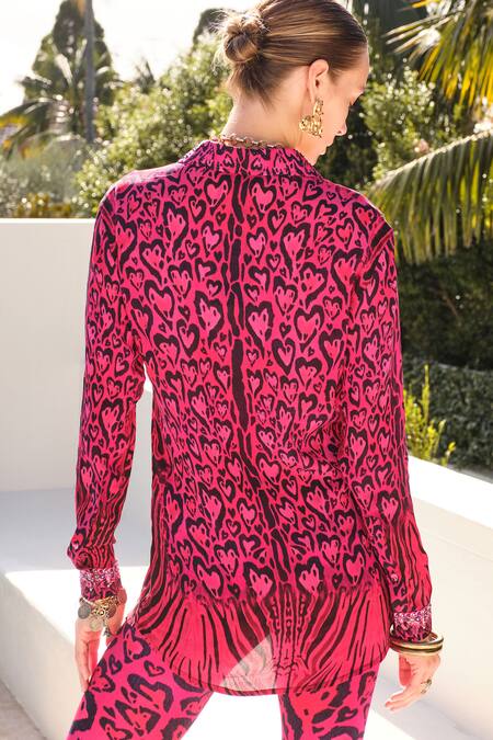 Buy_Zariaah_Pink Viscose, Silk Embroidery Collared Little Hearts Print Shirt 