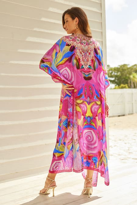 Shop Zariaah Pink Viscose, Silk Sequins V-neck Rosa Paint Art Print Embellished Kaftan at Aza Fashions Shop_Zariaah_Pink Viscose, Silk Sequins V-neck Rosa Paint Art Print Embellished Kaftan _at_Aza_Fashions