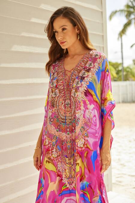 Buy Zariaah Pink Viscose, Silk Sequins V-neck Rosa Paint Art Print Embellished Kaftan Online at Aza Fashions Buy_Zariaah_Pink Viscose, Silk Sequins V-neck Rosa Paint Art Print Embellished Kaftan _Online_at_Aza_Fashions