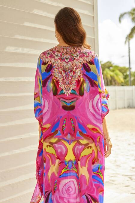 Shop Zariaah Pink Viscose, Silk Sequins V-neck Rosa Paint Art Print Embellished Kaftan Online at Aza Fashions Shop_Zariaah_Pink Viscose, Silk Sequins V-neck Rosa Paint Art Print Embellished Kaftan _Online_at_Aza_Fashions