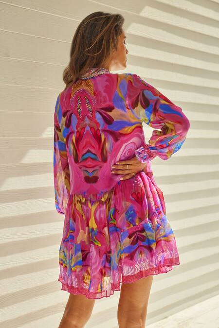Zariaah_Pink Viscose, Silk Embroidery Florence Paint Art Print Tiered Shirt Dress _at_Aza_Fashions
