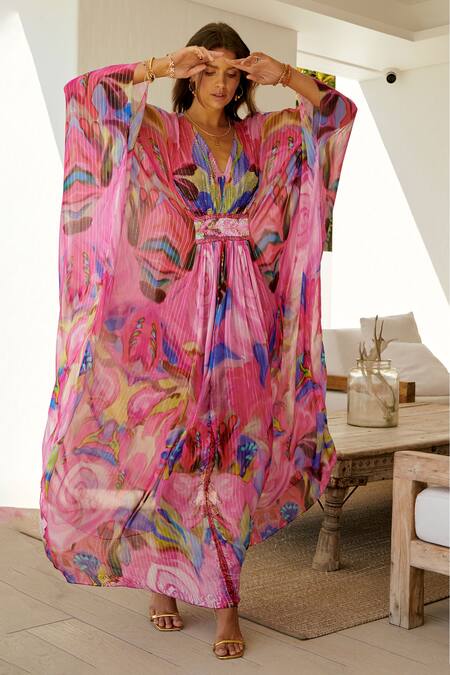 Zariaah_Pink Chiffon V-neck Bloom Glitch Print Embellished Kaftan _Online_at_Aza_Fashions