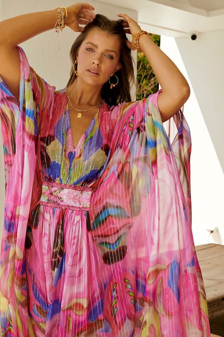 Buy_Zariaah_Pink Chiffon V-neck Bloom Glitch Print Embellished Kaftan _Online_at_Aza_Fashions