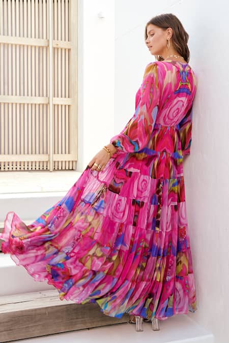 Shop Zariaah Pink Chiffon V-neck Galactic Floral Print Maxi Dress at Aza Fashions Shop_Zariaah_Pink Chiffon V-neck Galactic Floral Print Maxi Dress _at_Aza_Fashions