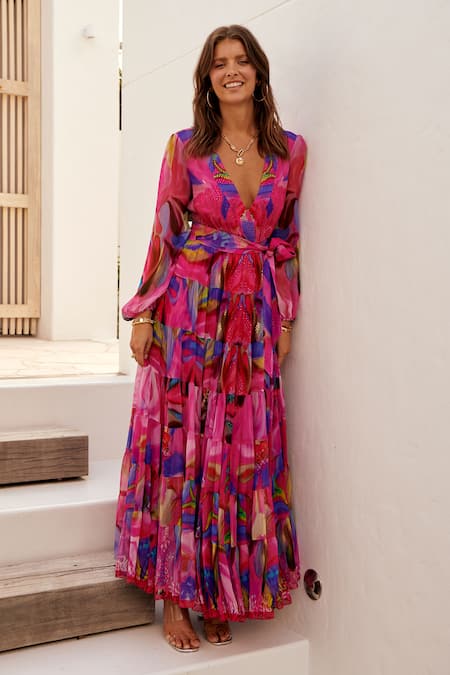 Zariaah Pink Chiffon V-neck Galactic Floral Print Maxi Dress Online at Aza Fashions Zariaah_Pink Chiffon V-neck Galactic Floral Print Maxi Dress _Online_at_Aza_Fashions