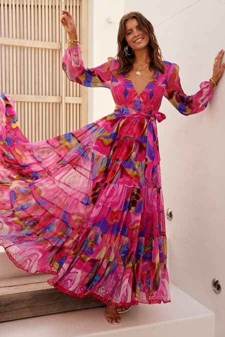 Buy Zariaah Pink Chiffon V-neck Galactic Floral Print Maxi Dress Online at Aza Fashions Buy_Zariaah_Pink Chiffon V-neck Galactic Floral Print Maxi Dress _Online_at_Aza_Fashions