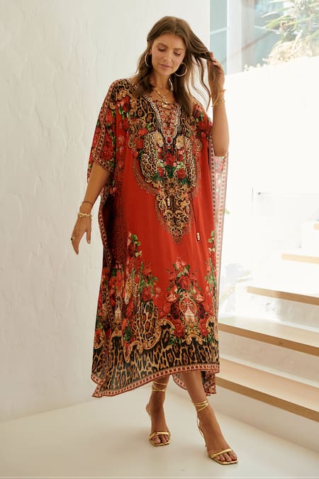 Zariaah Damask Bloom Print Embellished Kaftan 