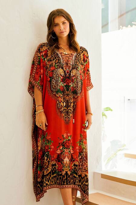 Buy_Zariaah_Red Viscose, Silk Crystals V-neck Damask Bloom Print Embellished Kaftan _Online_at_Aza_Fashions