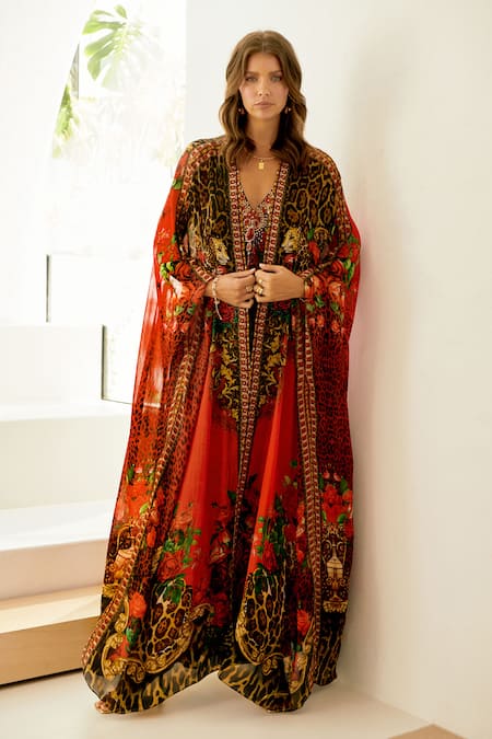 Zariaah Red Viscose Silk Majestic Leopard Print Open Embellished Longline Cape 