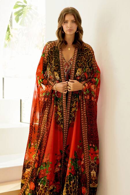 Zariaah Red Majestic Leopard Print Embellished Longline Cape Online at Aza Fashions Zariaah_Red Majestic Leopard Print Embellished Longline Cape _Online_at_Aza_Fashions