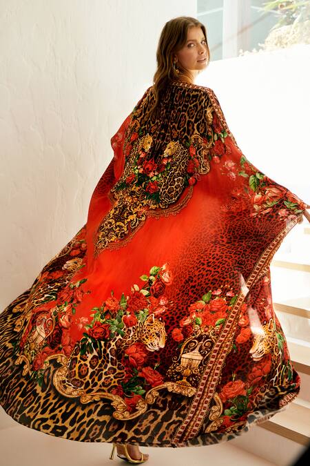 Shop Zariaah Red Majestic Leopard Print Embellished Longline Cape at Aza Fashions Shop_Zariaah_Red Majestic Leopard Print Embellished Longline Cape _at_Aza_Fashions