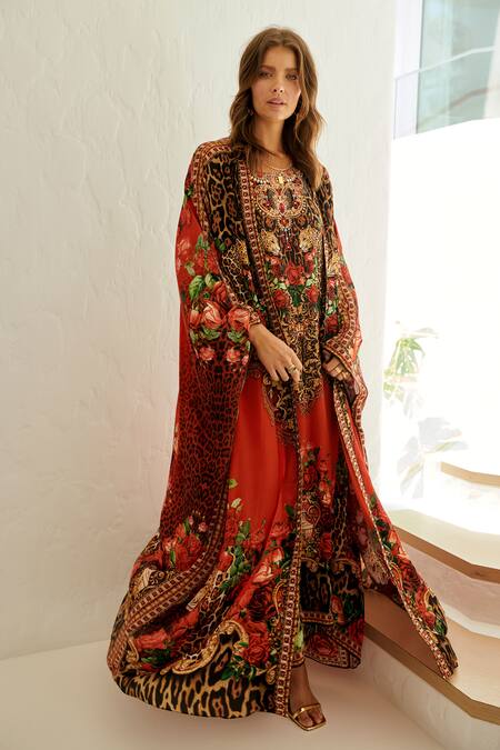Shop Zariaah Red Majestic Leopard Print Embellished Longline Cape Online at Aza Fashions Shop_Zariaah_Red Majestic Leopard Print Embellished Longline Cape _Online_at_Aza_Fashions