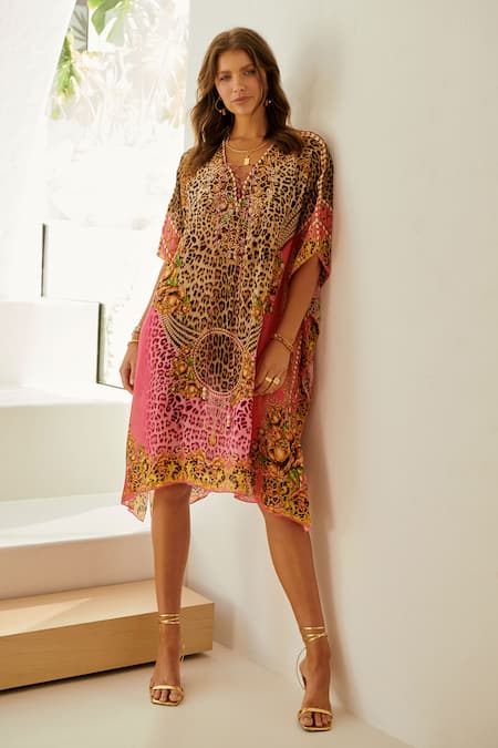 Zariaah Royal Leopard Print Embellished Short Kaftan 