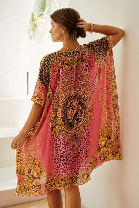 Shop_Zariaah_Pink Viscose, Silk Crystals V-neck Royal Leopard Print Embellished Short Kaftan _at_Aza_Fashions
