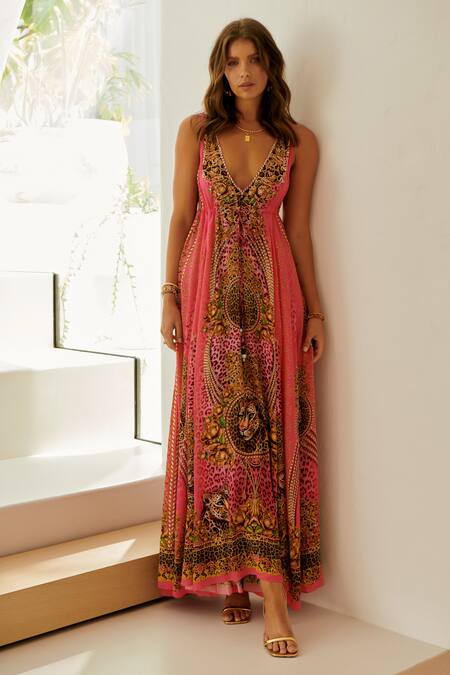 Zariaah_Pink Viscose, Silk V-neck Cheetah Flora Print Maxi Dress _Online_at_Aza_Fashions