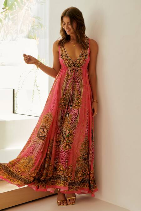 Shop_Zariaah_Pink Viscose, Silk V-neck Cheetah Flora Print Maxi Dress _Online_at_Aza_Fashions