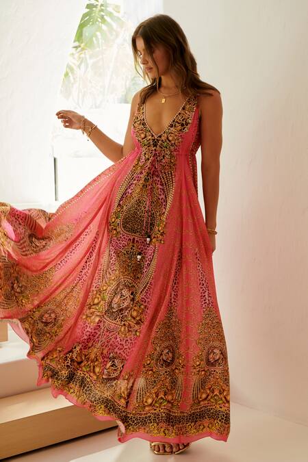 Zariaah_Pink Viscose, Silk V-neck Cheetah Flora Print Maxi Dress _at_Aza_Fashions