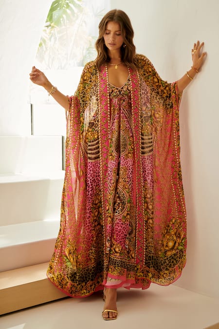 Zariaah Leopard Skin Print Embellished Longline Cape 