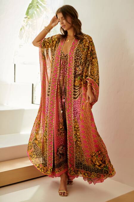 Zariaah_Pink Leopard Skin Print Embellished Longline Cape _Online_at_Aza_Fashions