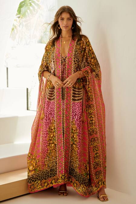 Buy_Zariaah_Pink Leopard Skin Print Embellished Longline Cape _Online_at_Aza_Fashions