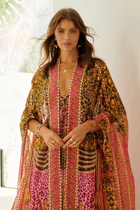 Shop_Zariaah_Pink Leopard Skin Print Embellished Longline Cape _Online_at_Aza_Fashions