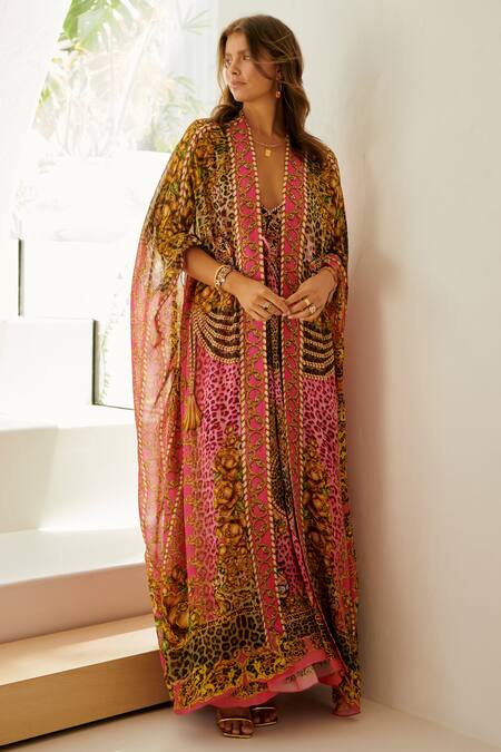 Zariaah_Pink Leopard Skin Print Embellished Longline Cape _at_Aza_Fashions