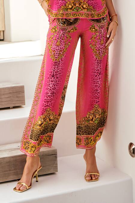 Shop_Zariaah_Pink Viscose Silk Cougar Florence Print Palazzo Pant  _Online_at_Aza_Fashions