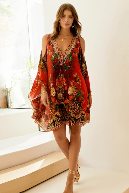 Zariaah Rosette Bloom Print Cold Shoulder Kaftan 