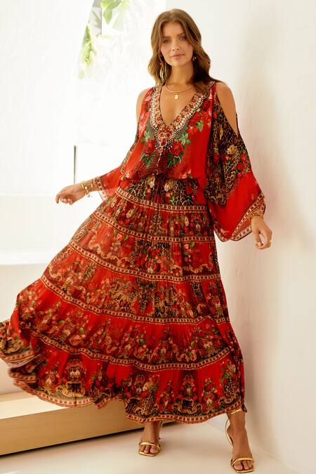 Buy Zariaah Red Viscose, Silk Crystals V-neck Rosette Bloom Print Cold Shoulder Kaftan Online at Aza Fashions Buy_Zariaah_Red Viscose, Silk Crystals V-neck Rosette Bloom Print Cold Shoulder Kaftan _Online_at_Aza_Fashions