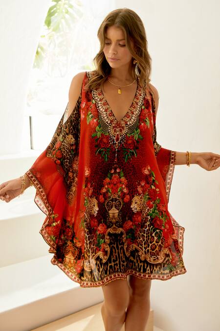 Shop Zariaah Red Viscose, Silk Crystals V-neck Rosette Bloom Print Cold Shoulder Kaftan Online at Aza Fashions Shop_Zariaah_Red Viscose, Silk Crystals V-neck Rosette Bloom Print Cold Shoulder Kaftan _Online_at_Aza_Fashions