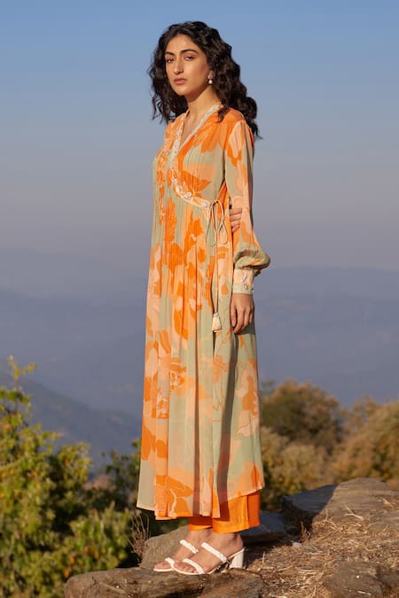Archana Shah Multi Color Bamberg Silk Cosmo Bloom Print V Neck Kurta With Pant Online at Aza Fashions Archana Shah_Multi Color Bamberg Silk Cosmo Bloom Print V Neck Kurta With Pant _Online_at_Aza_Fashions