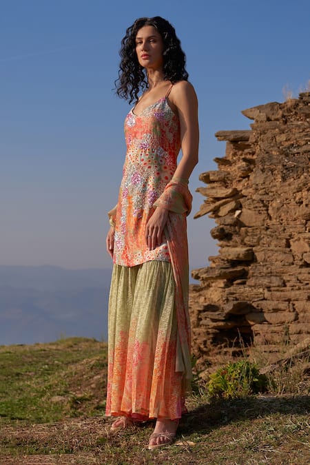 Archana Shah_Multi Color Bamberg Silk Gardenia Print Chicory Embellished Kurta Sharara Set _Online_at_Aza_Fashions