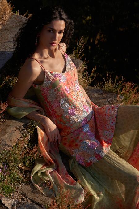 Buy_Archana Shah_Multi Color Bamberg Silk Gardenia Print Chicory Embellished Kurta Sharara Set _Online_at_Aza_Fashions