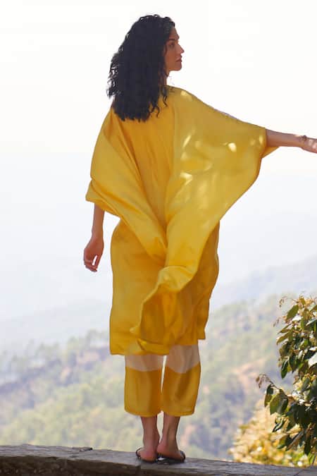 Shop Archana Shah Yellow Silk Sequins V-neck Wild Ginger Kaftan And Pant Set at Aza Fashions Shop_Archana Shah_Yellow Silk Sequins V-neck Wild Ginger Kaftan And Pant Set _at_Aza_Fashions