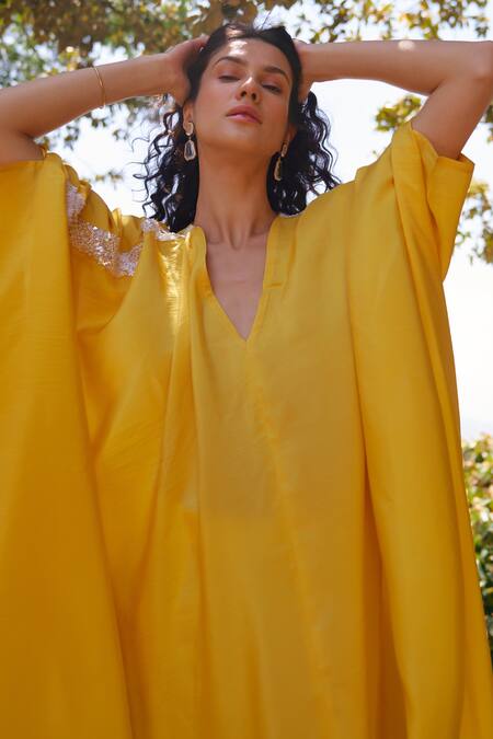 Archana Shah Yellow Silk Sequins V-neck Wild Ginger Kaftan And Pant Set Online at Aza Fashions Archana Shah_Yellow Silk Sequins V-neck Wild Ginger Kaftan And Pant Set _Online_at_Aza_Fashions