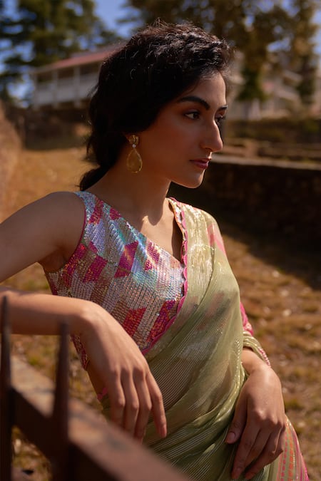 Buy_Archana Shah_Green Shimmer Georgette Embroidered Sequin V Neck Blazing Saree With Blouse _Online_at_Aza_Fashions