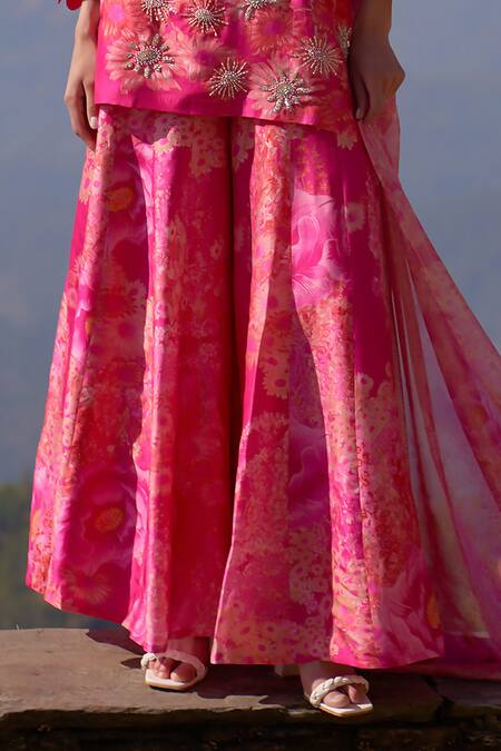 Archana Shah Pink Georgette, Bamboo Sequins, Beads, Mallow Floral Print Kurta Sharara Set Online at Aza Fashions Archana Shah_Pink Georgette, Bamboo Sequins, Beads, Mallow Floral Print Kurta Sharara Set _Online_at_Aza_Fashions