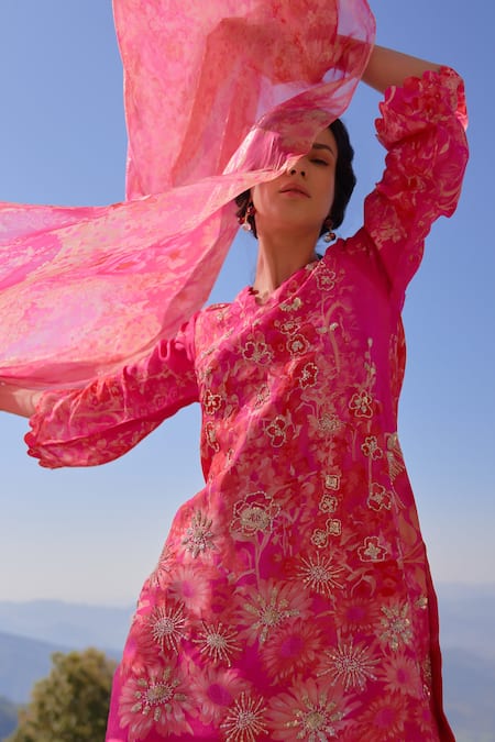 Buy Archana Shah Pink Georgette, Bamboo Sequins, Beads, Mallow Floral Print Kurta Sharara Set Online at Aza Fashions Buy_Archana Shah_Pink Georgette, Bamboo Sequins, Beads, Mallow Floral Print Kurta Sharara Set _Online_at_Aza_Fashions