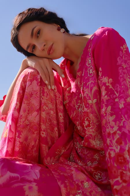 Shop Archana Shah Pink Georgette, Bamboo Sequins, Beads, Mallow Floral Print Kurta Sharara Set Online at Aza Fashions Shop_Archana Shah_Pink Georgette, Bamboo Sequins, Beads, Mallow Floral Print Kurta Sharara Set _Online_at_Aza_Fashions