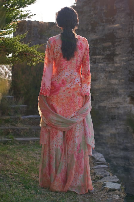 Archana Shah Cone Flower Print Embellished Kurta Sharara Set