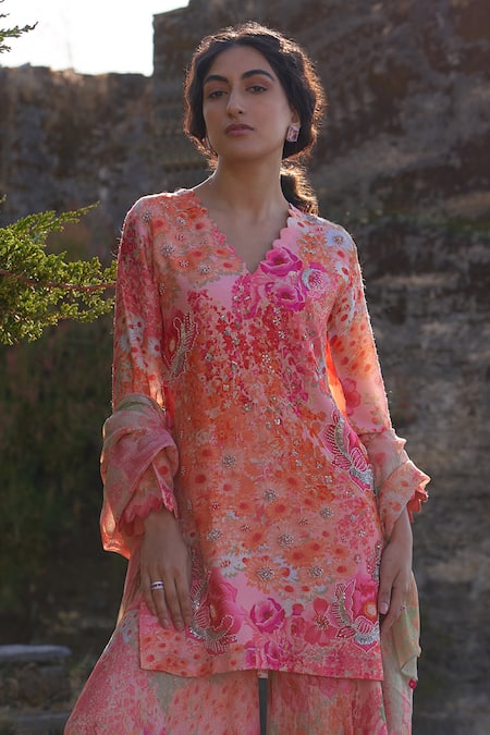 Archana Shah_Multi Color Georgette, Bamboo Cone Flower Print Embellished Kurta Sharara Set _Online_at_Aza_Fashions