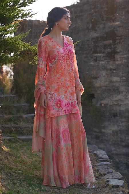 Buy_Archana Shah_Multi Color Georgette, Bamboo Cone Flower Print Embellished Kurta Sharara Set _Online_at_Aza_Fashions