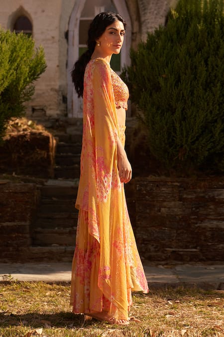 Archana Shah_Yellow Georgette Sequins Scoop Neck Primrose Print Cape Sharara Set _Online_at_Aza_Fashions