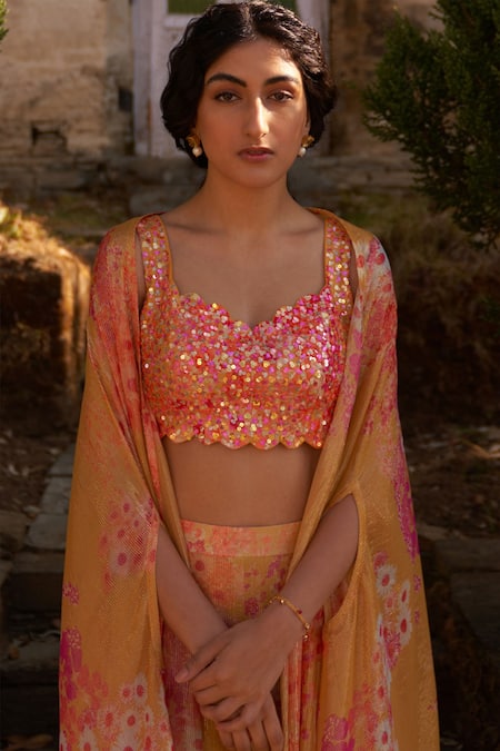 Buy_Archana Shah_Yellow Georgette Sequins Scoop Neck Primrose Print Cape Sharara Set _Online_at_Aza_Fashions