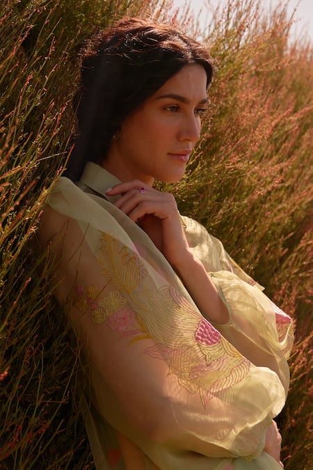 Archana Shah_Multi Color Silk, Organza Embroidery Collared Prairie Thread Work Top Pant Set _Online_at_Aza_Fashions