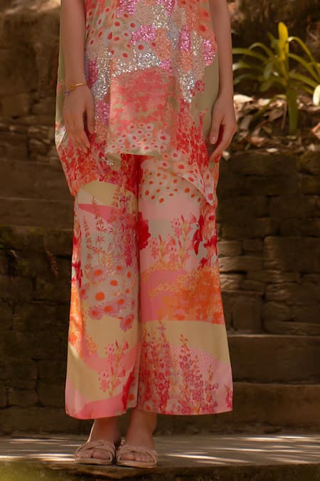 Archana Shah_Multi Color Silk, Crepe Sequins Mandarin Ambrosia Embellished Top With Pant _Online_at_Aza_Fashions
